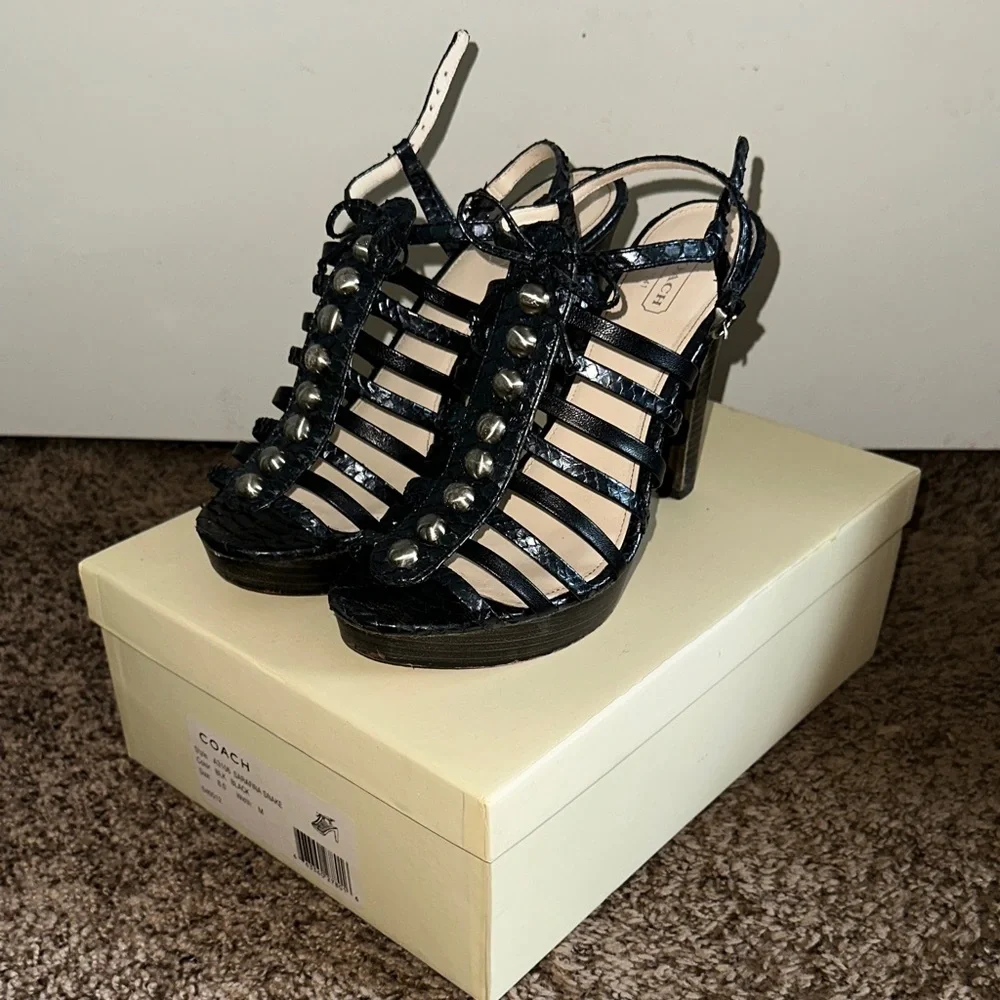 Coach Black Strappy Heels with Stud Accents - Picture 1 of 4